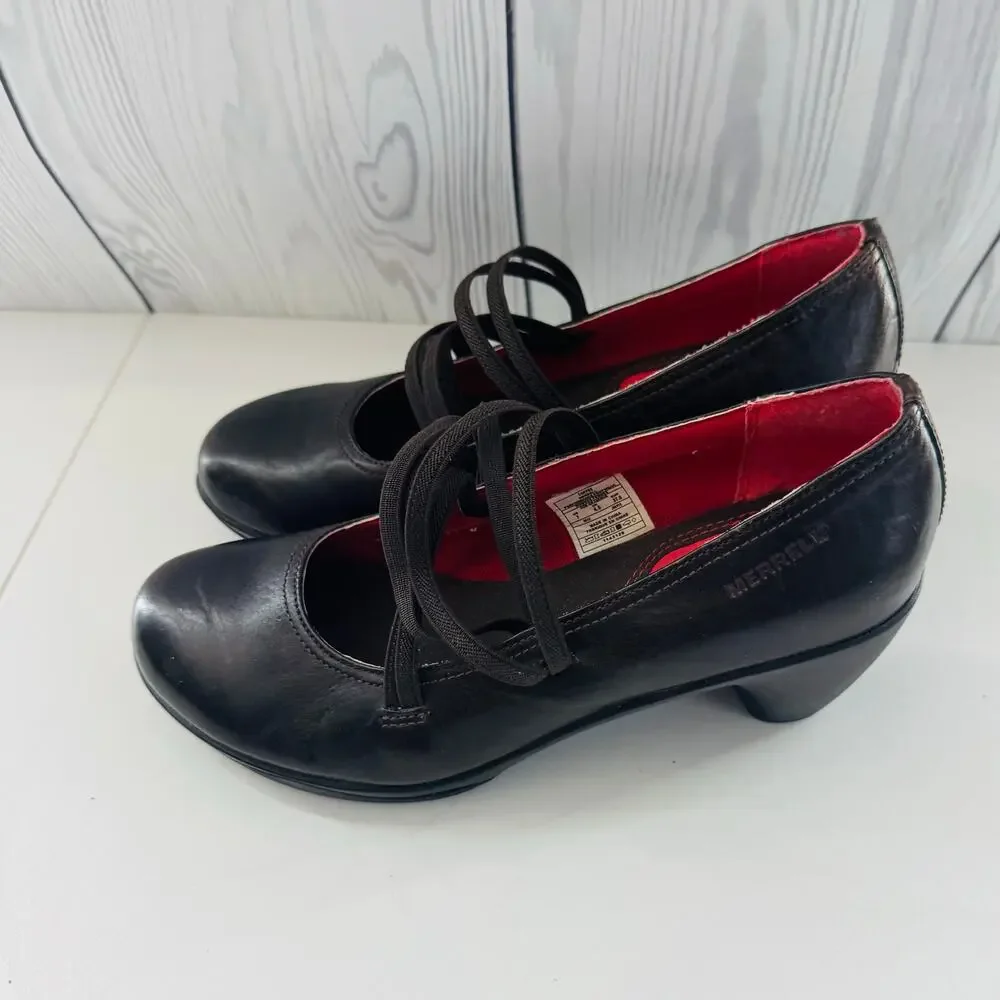 MERRELL Womens Size 7 M Coffee Brown Elastic Strap Slip On Mary Jane Shoes Heels